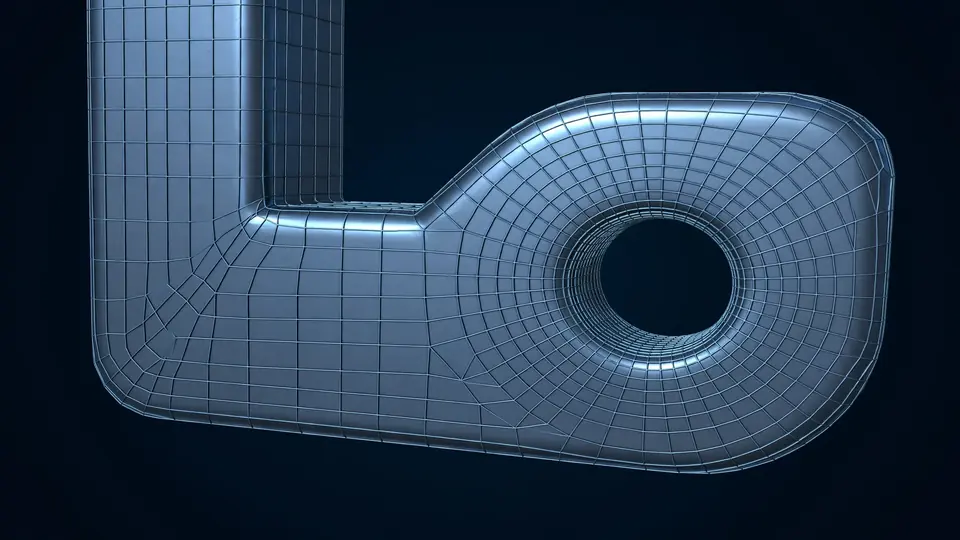 Close-up of an all-hexahedral mesh wrapping a filleted metal bracket with a hole