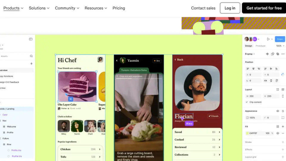 Figma's design canvas with mobile app designs being iterated on
