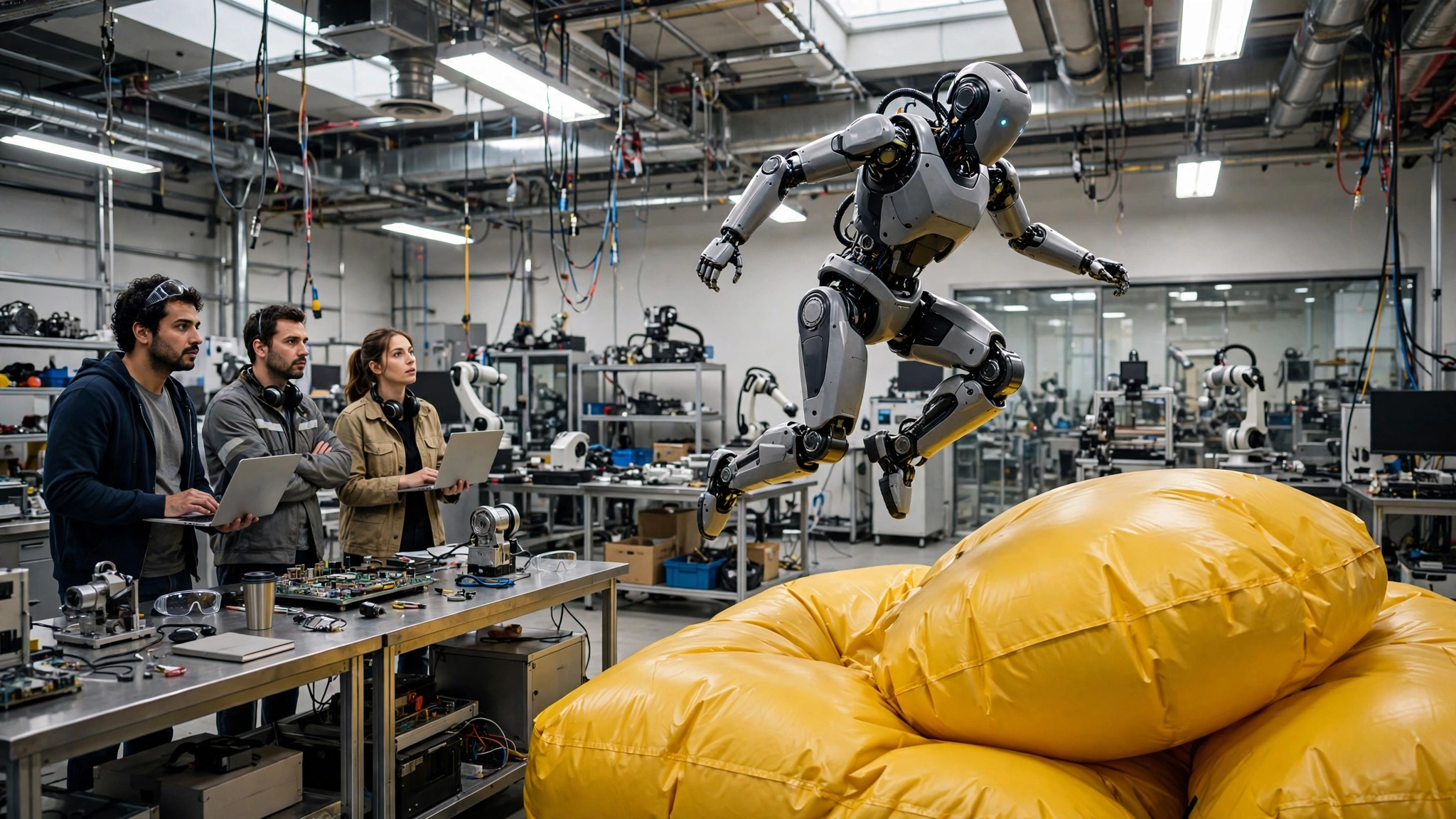 Illustration of a humanoid robot practicing a jump onto large yellow airbags in a robotics lab