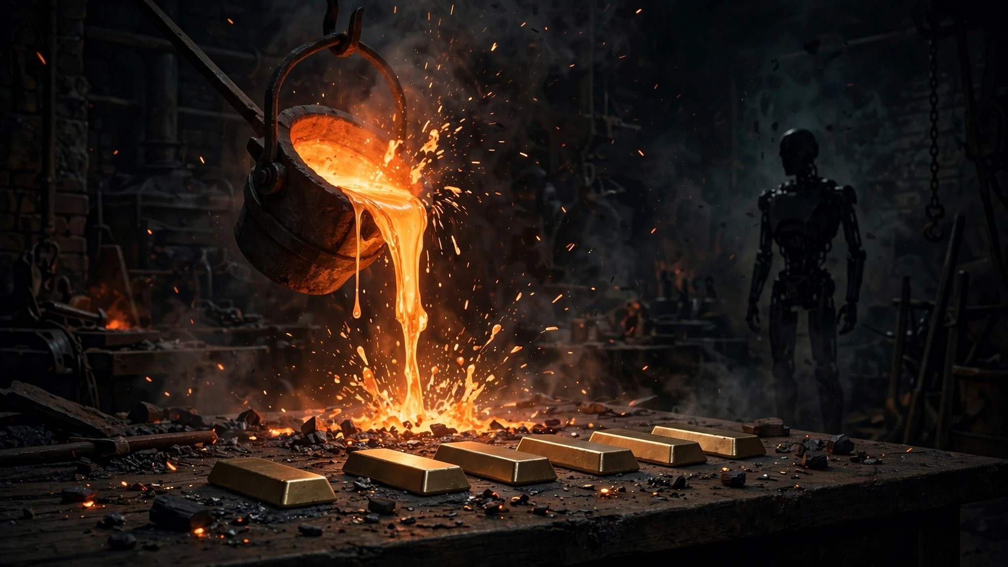 Illustration of molten metal being poured in a foundry with a robot silhouette and commemorative metal ingots
