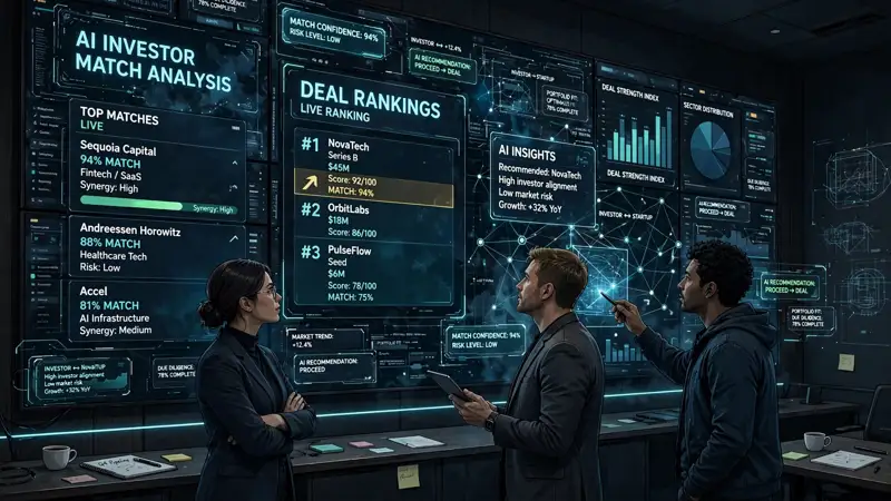 Analysts reviewing AI-matched investors
