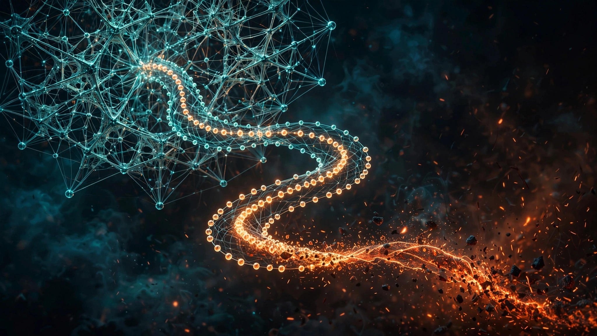 A glowing neural network with a long ribbon of reasoning tokens compressing into a dense stream of embers