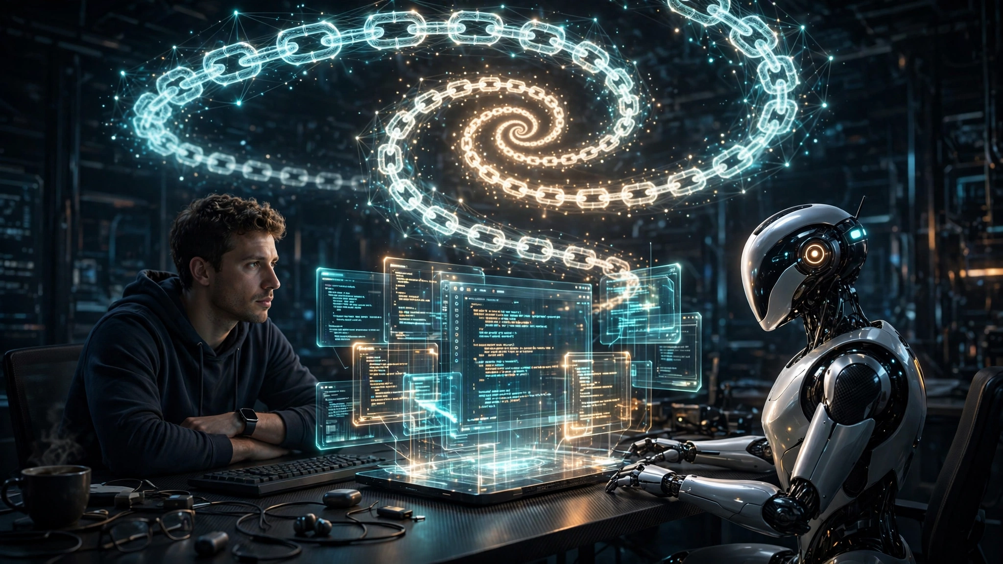 An AI coding assistant beside a developer, with the agent's chain of thought visualized as a shrinking spiral of light