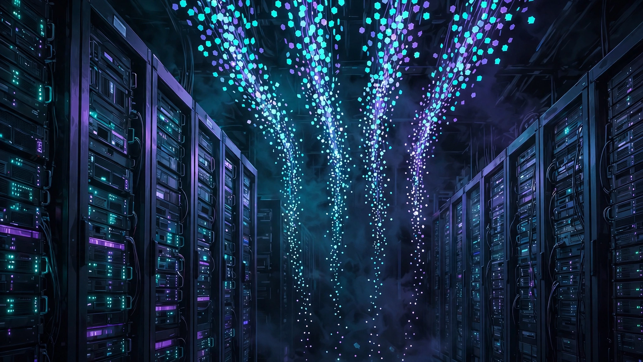 Server racks in a data center with streams of glowing tokens shrinking as they flow, evoking falling compute costs