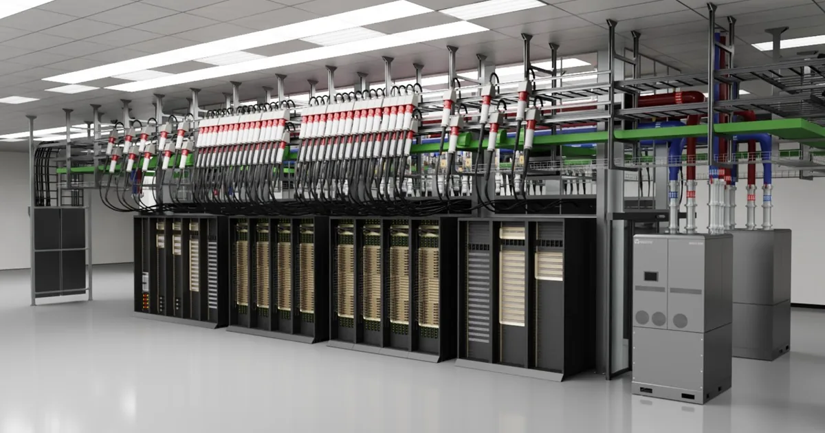 An illustration of an AI data-center factory design with rows of GPU servers.