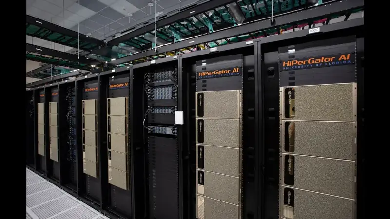 Rows of server racks in a high-performance AI computing facility.