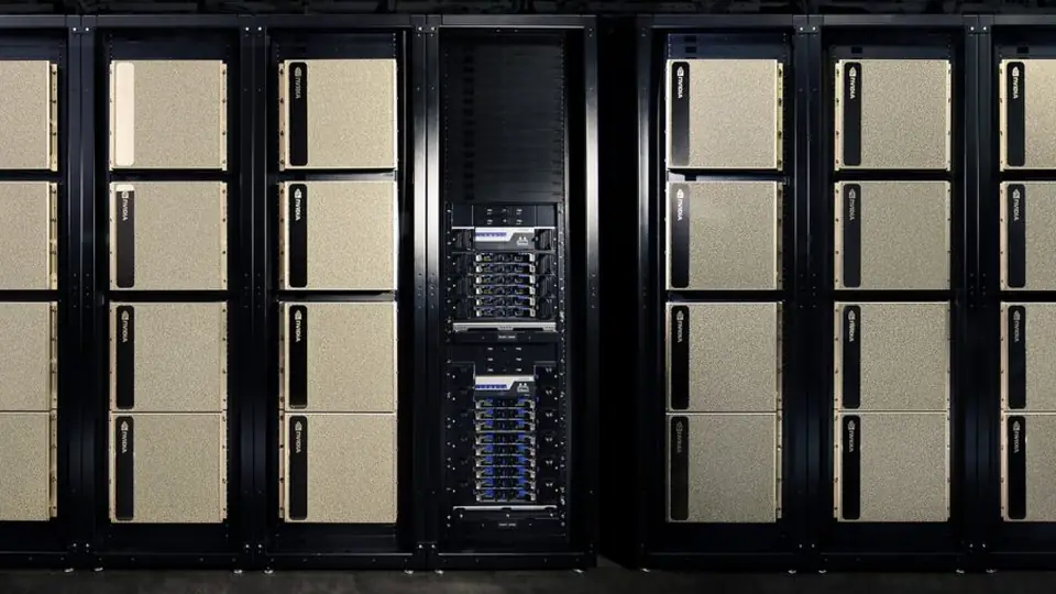 NVIDIA DGX SuperPOD systems installed in a data center, packed with AI compute.