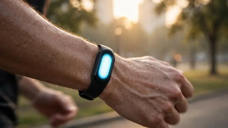 A slim fitness tracker with a glowing display worn on a runner's wrist at sunrise