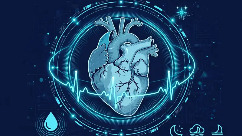 A stylized heart wrapped in glowing health-sensor rings and an AI spark icon