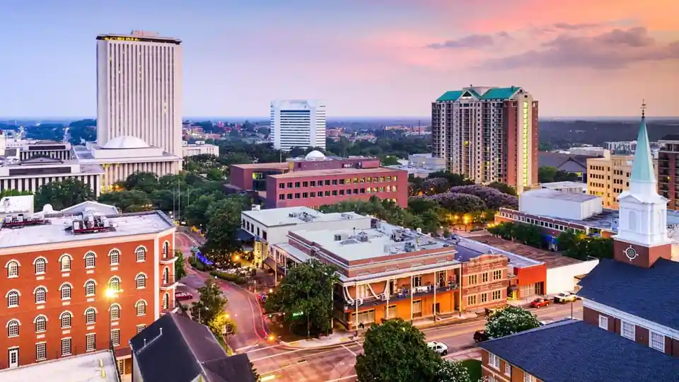 Downtown Tallahassee skyline at dusk.