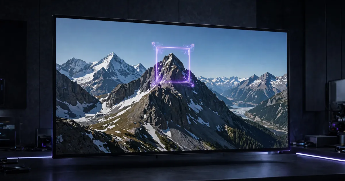 Display showing an alpine photograph with a glowing bounding box selecting a single mountain peak