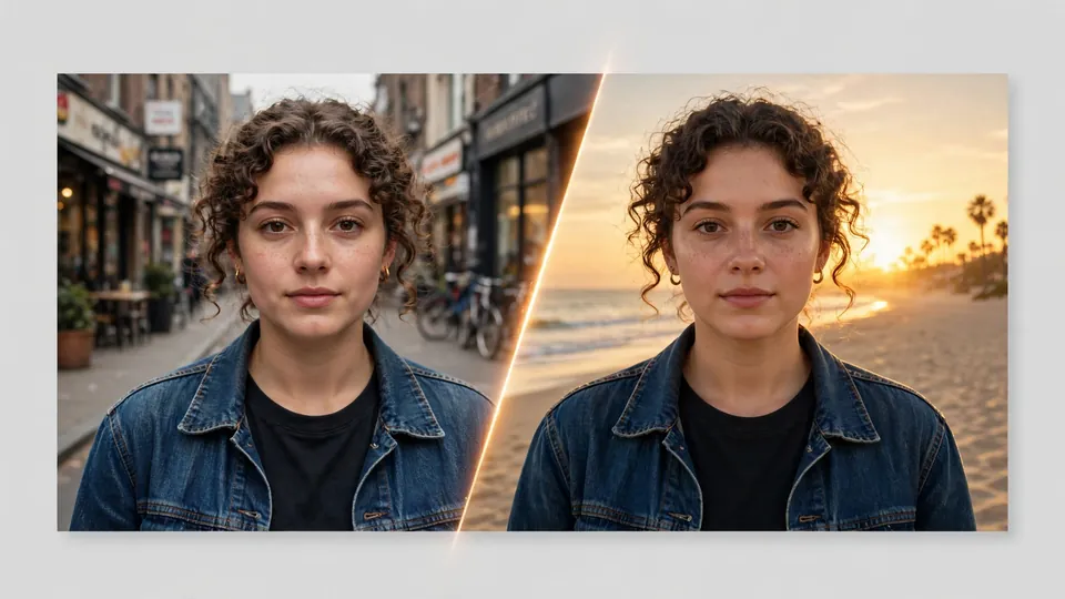 Split-view showing a portrait whose background was swapped while the subject stayed identical