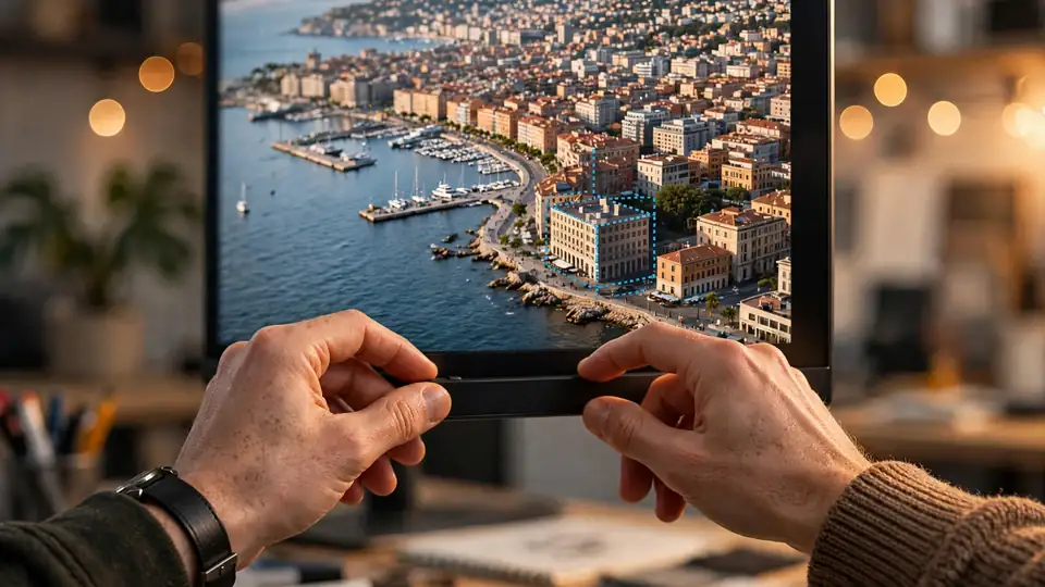 Designer adjusting a high-resolution display showing a cityscape with a pixel-level selection active