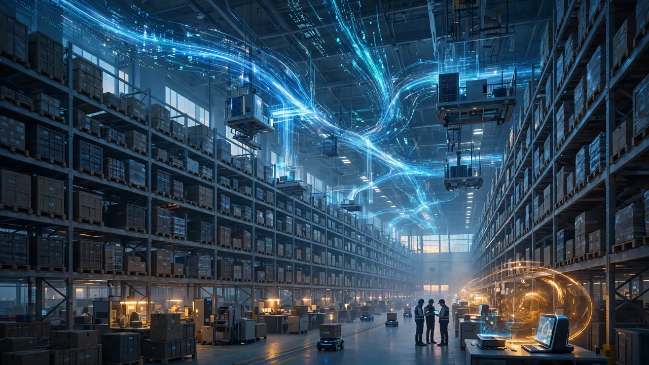 A vast distribution warehouse at dawn with glowing streams of data flowing between its systems while workers review a tablet on the floor