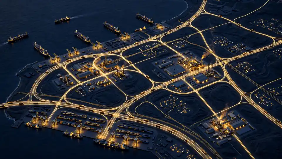 An aerial night view of ports, factories and highways linked by glowing supply routes