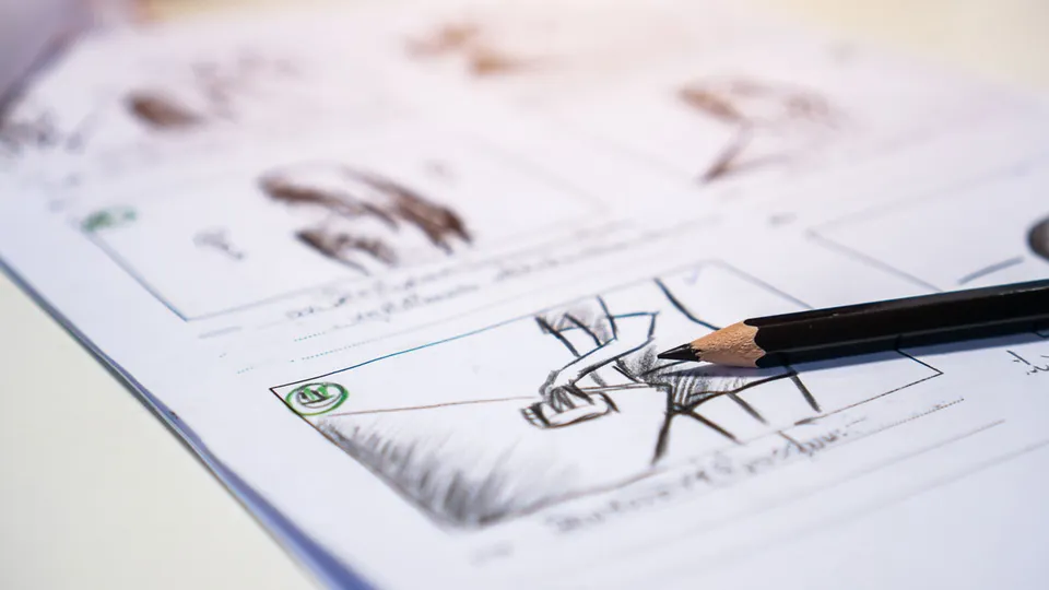 A hand-drawn storyboard with sketched video frames pinned on a planning board, mirroring the storyboard the Frametell director agent drafts for approval