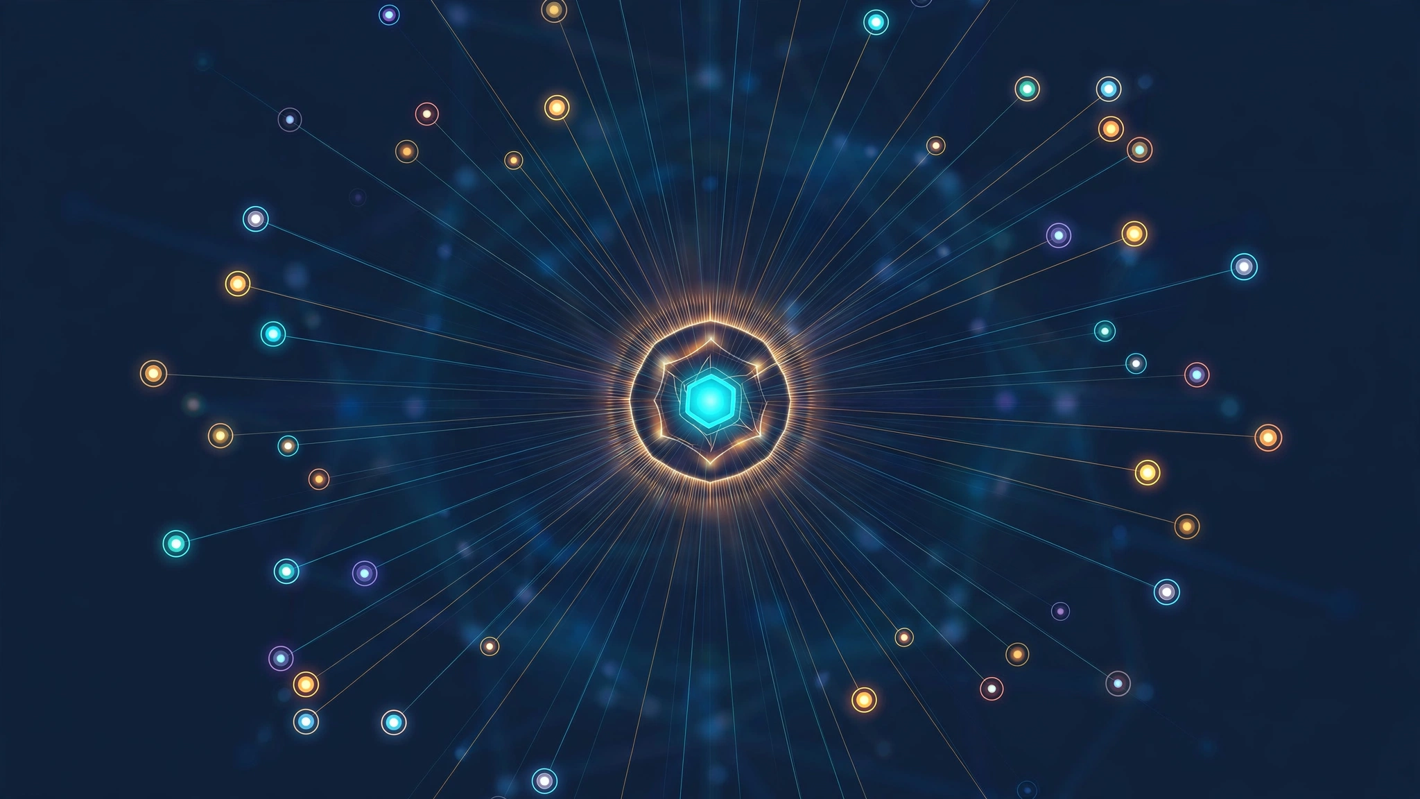 A single glowing gateway hub in the centre of a dark network, with lines fanning out to dozens of small model nodes