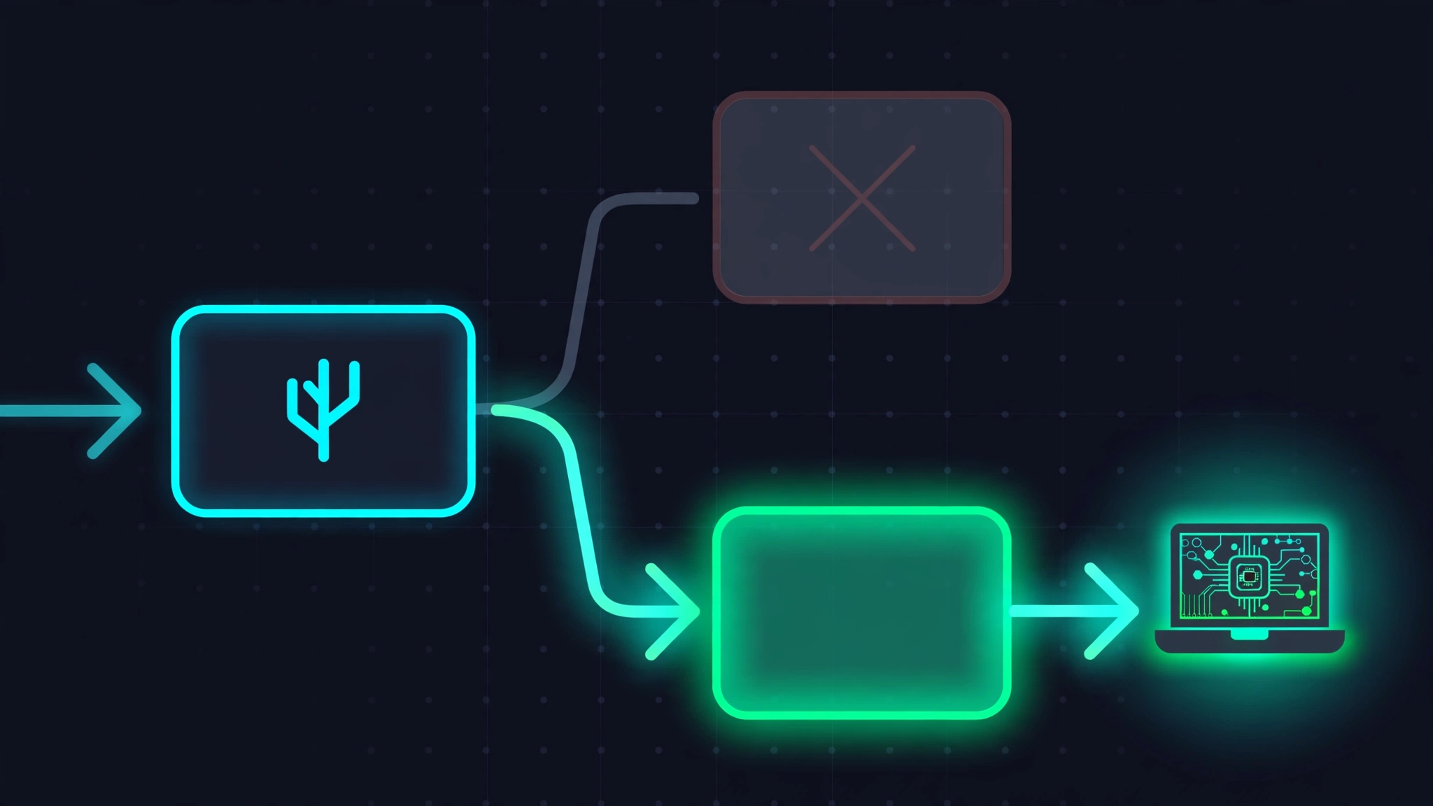 A request entering a router, failing over from a dimmed provider to a glowing local model on a laptop
