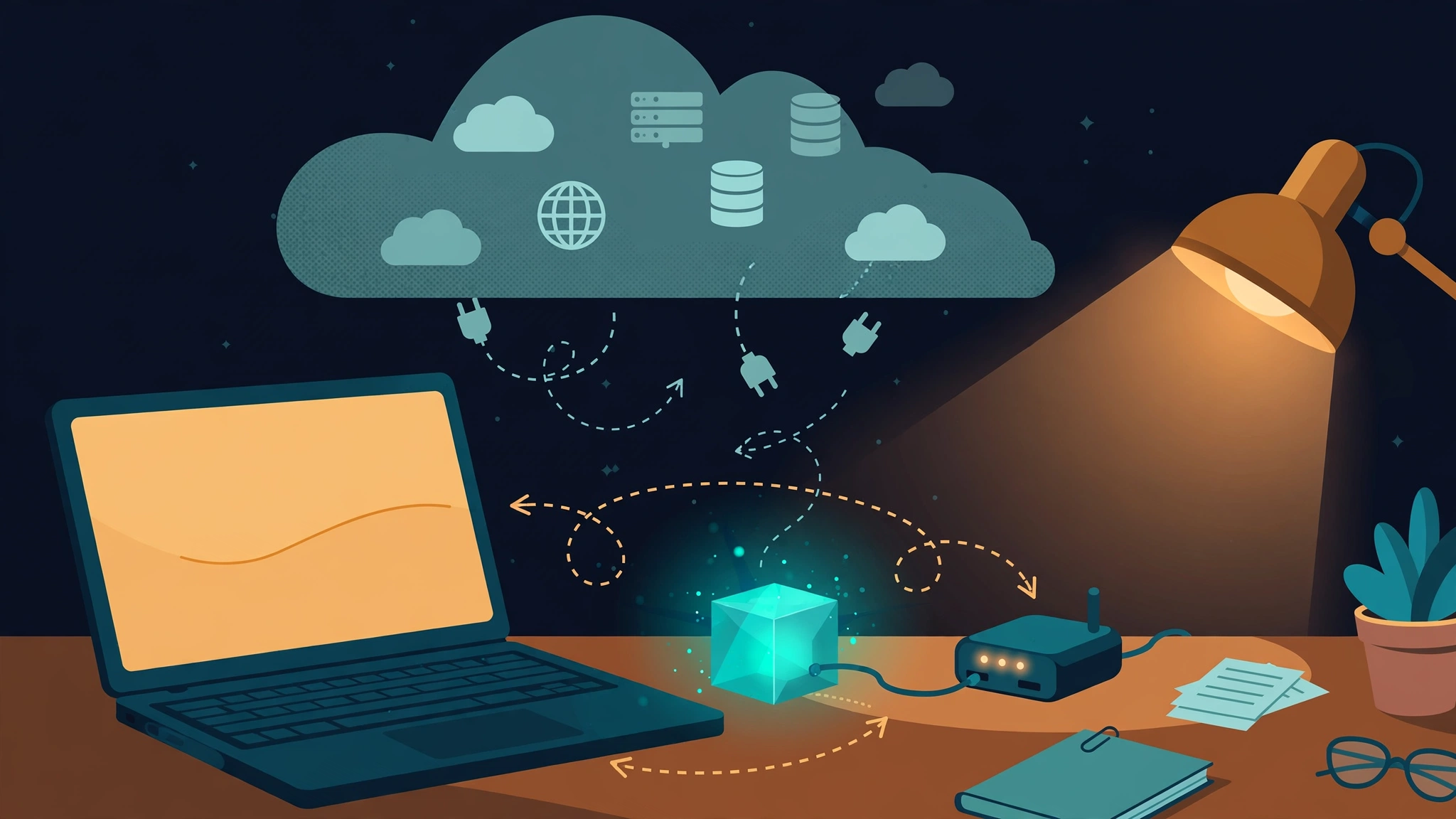 A laptop and a glowing local model cube on a desk, with a cloud of providers floating above, disconnected