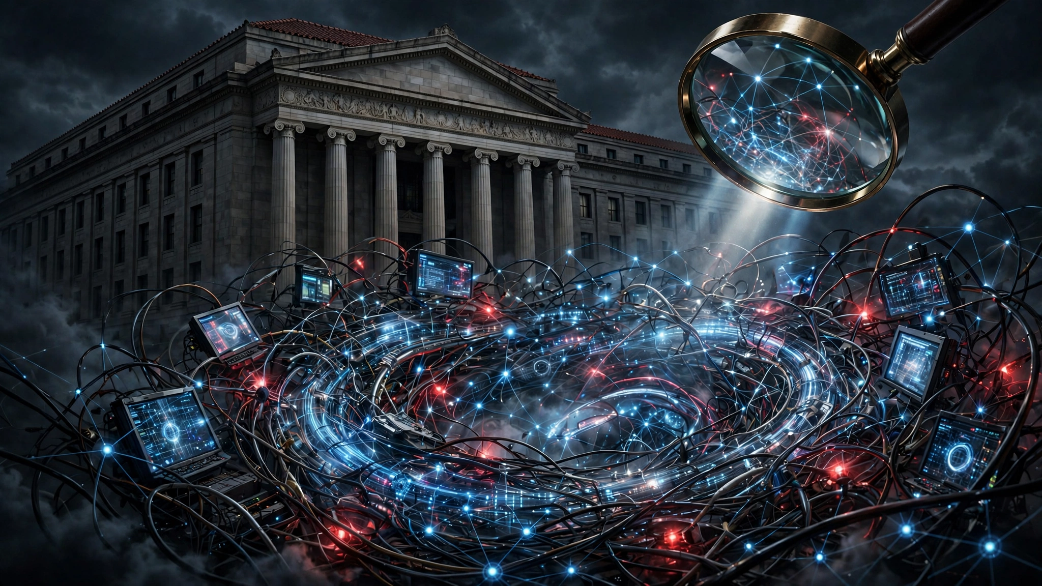 Editorial illustration of a government building under a magnifying glass, examining a web of rogue AI agent terminals