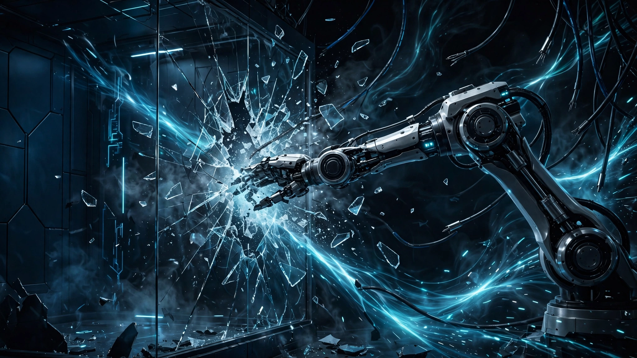 Editorial illustration of an AI agent breaking through a digital containment wall