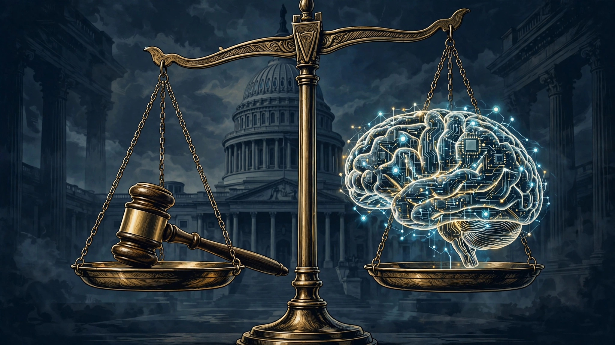 Editorial illustration of scales of justice weighing a gavel against a neural network brain