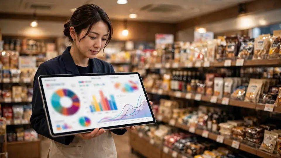 A store manager consulting a tablet showing an AI-driven retail analytics dashboard inside a supermarket aisle.