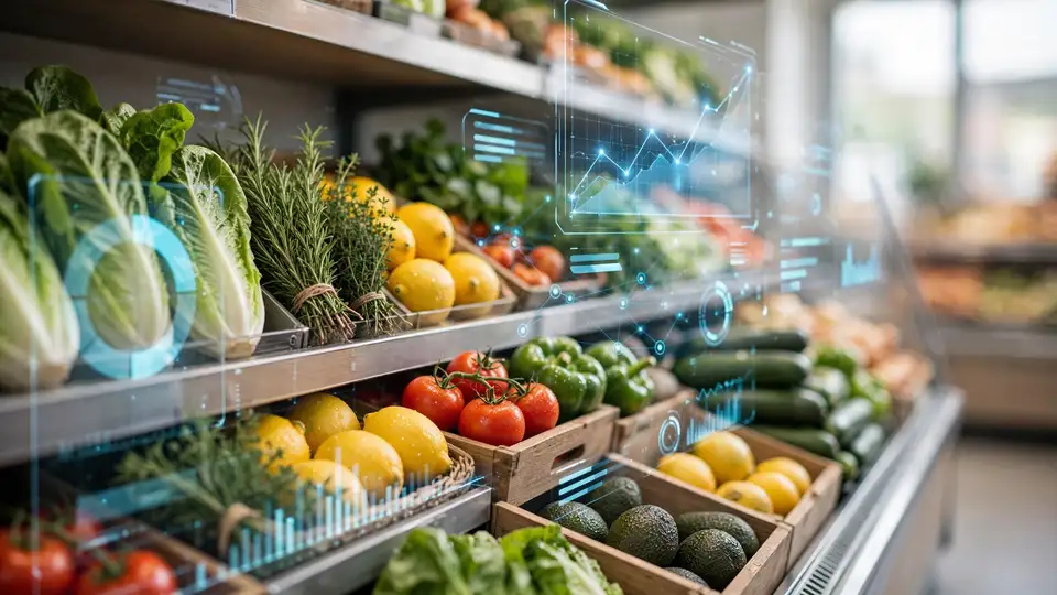 Fresh produce shelves in a modern supermarket with subtle data-visualization overlays suggesting inventory optimization.
