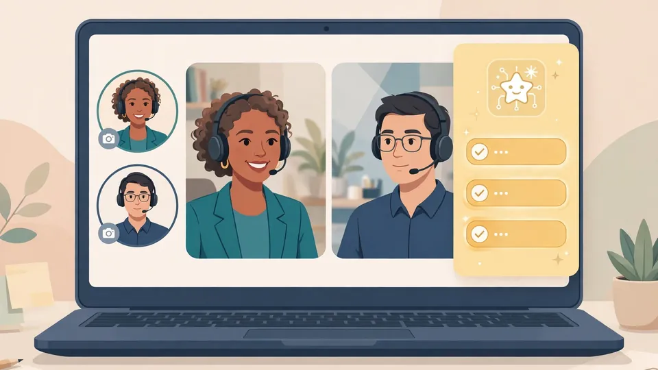 Illustration of an AI assistant suggesting follow-up questions during a live video job interview