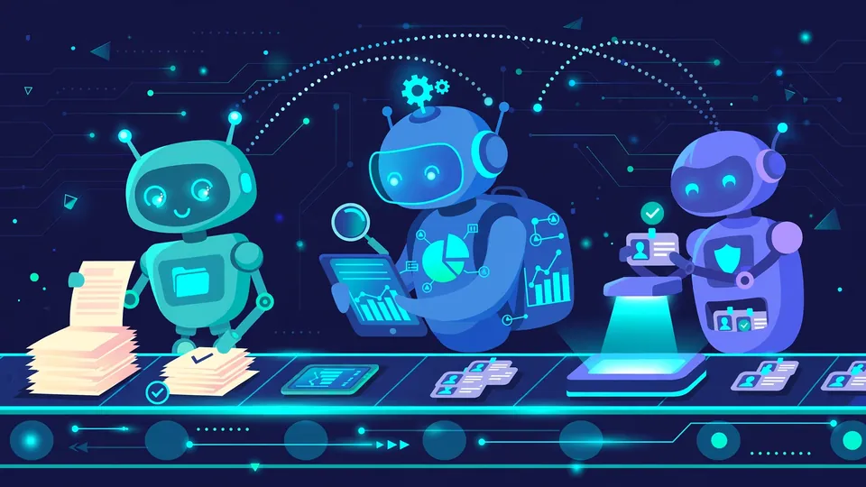 Illustration of three robot assistants collaborating on a hiring pipeline, sorting resumes, analyzing charts, and verifying identity badges