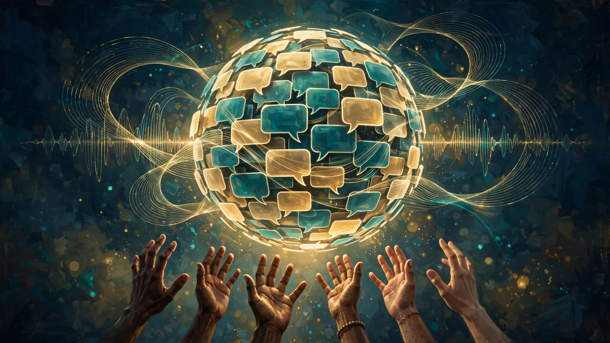 Editorial illustration of a globe made of speech bubbles with hands reaching toward it, symbolizing AI language access for billions
