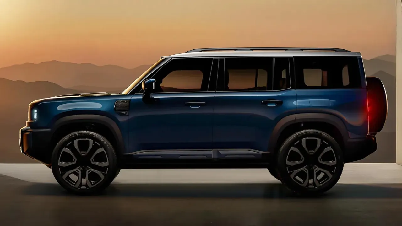 Side profile of the blue Geely Zhanjian 700 off-road SUV at sunset