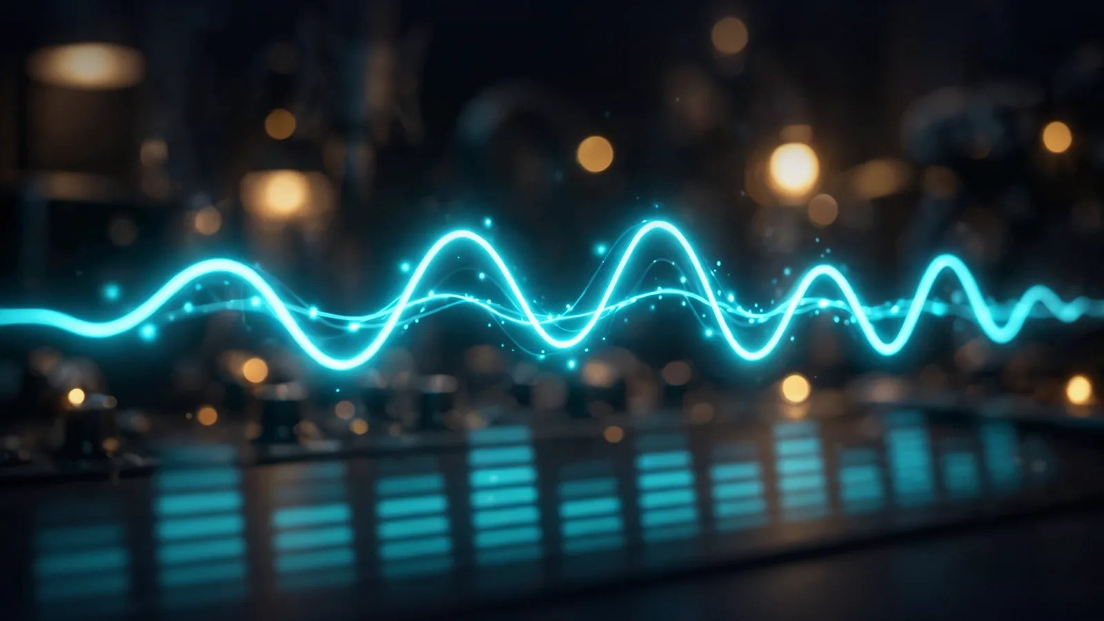 A glowing cyan digital audio waveform flowing across a dark studio background with soft bokeh lights