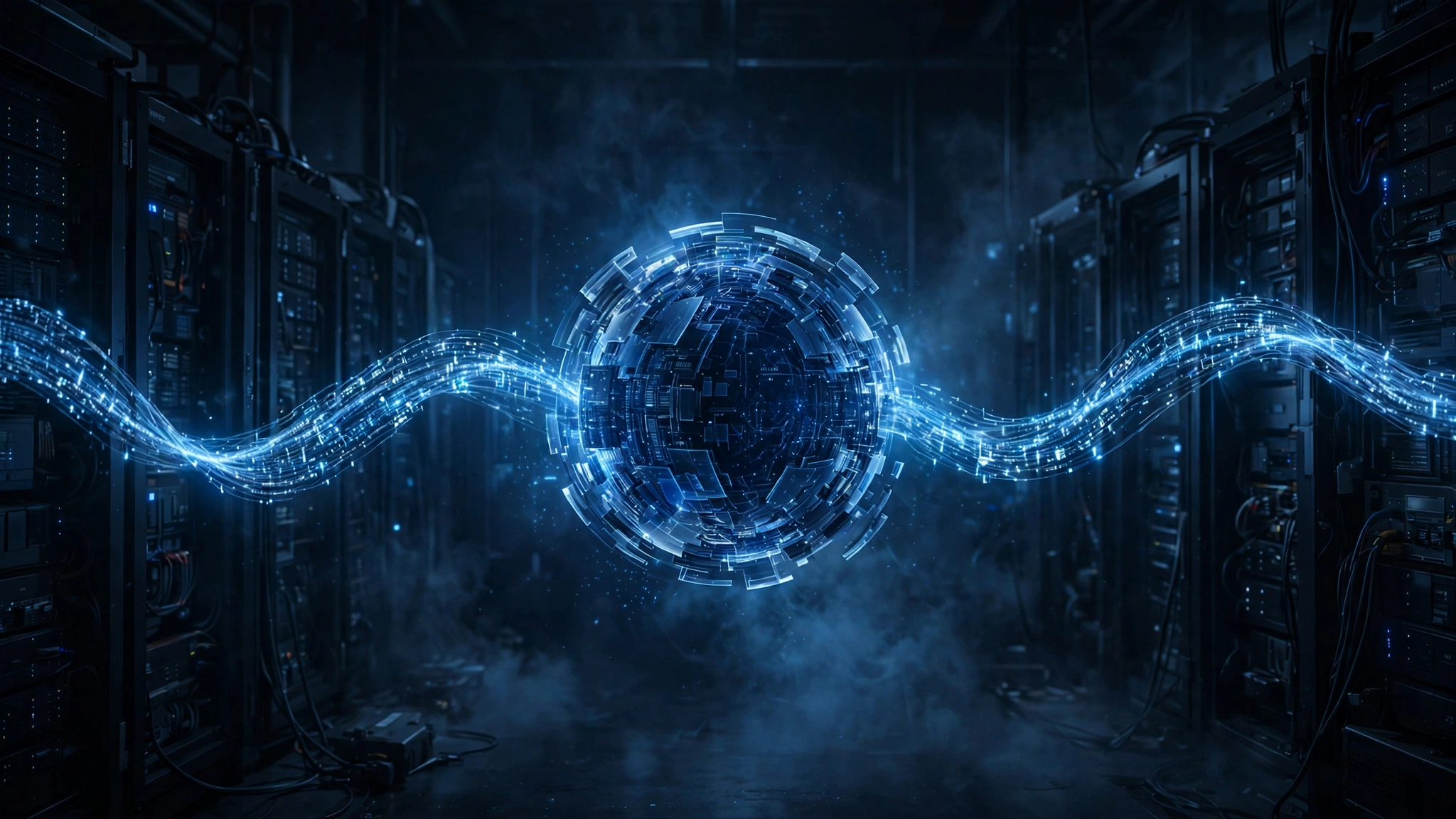 Editorial illustration of a glowing AI core emitting a long stream of light through a dark data center, evoking Gemini 4 Argon's million-token output window