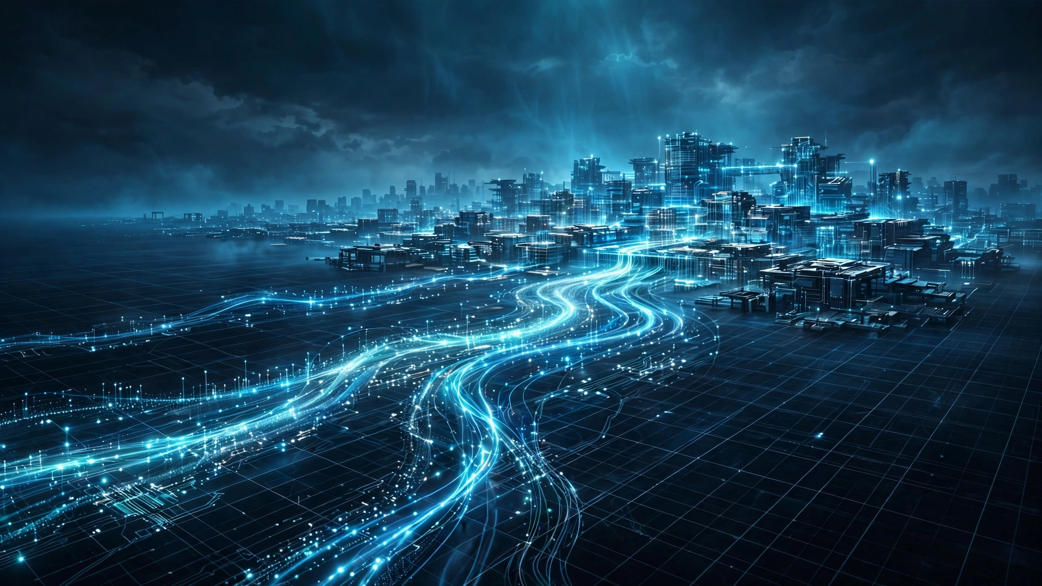 Editorial illustration of code streams self-assembling into a software architecture cityscape, evoking long-horizon AI software engineering