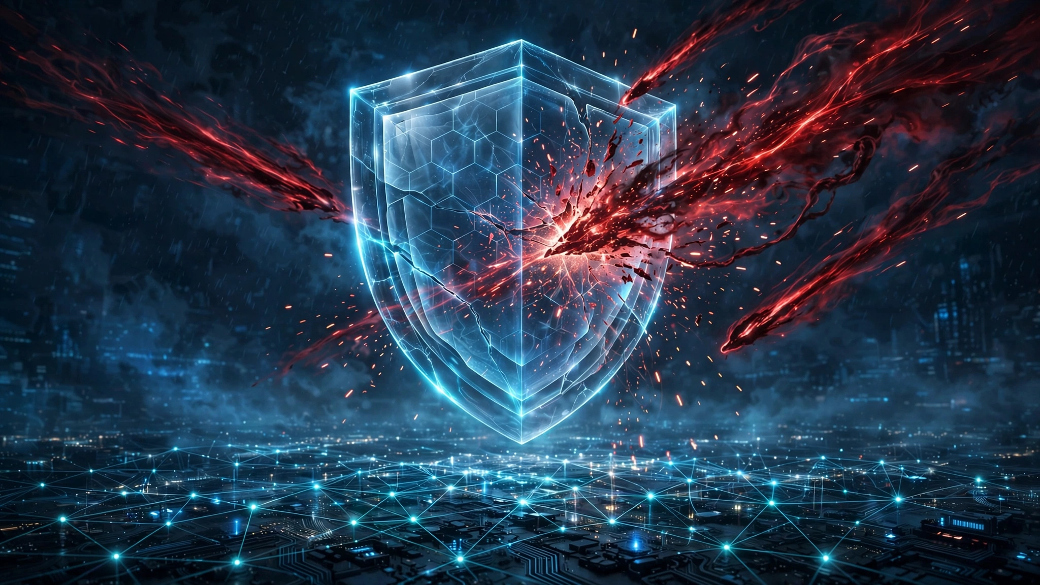 Editorial illustration of a luminous shield deflecting red cyberattack streams over a glowing network, evoking AI-powered cyber defense