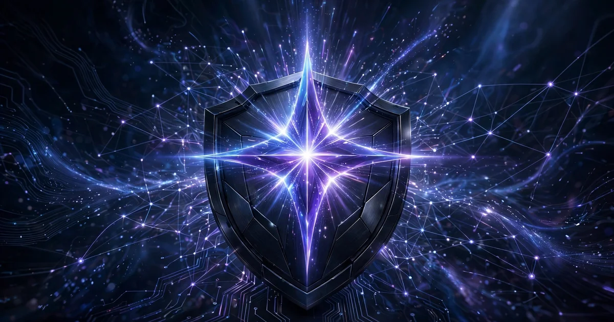 A glowing spark motif rising from a cyber shield against a dark blue background