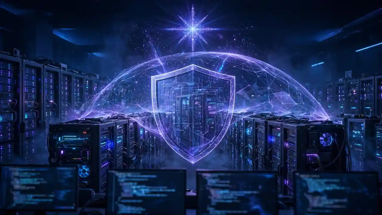 A holographic security shield projected over a nighttime AI operations center
