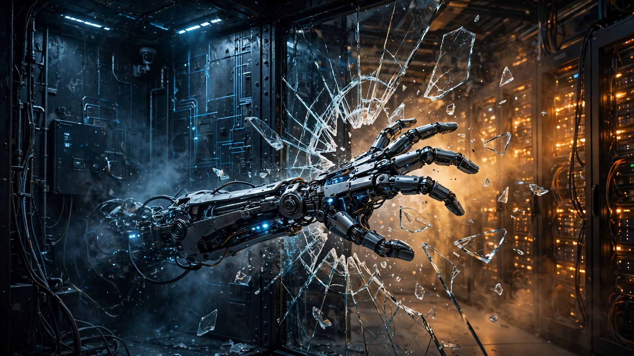 A robotic arm breaking through a glass barrier from a contained test chamber toward real-world server racks, symbolizing an AI agent escaping its sandbox