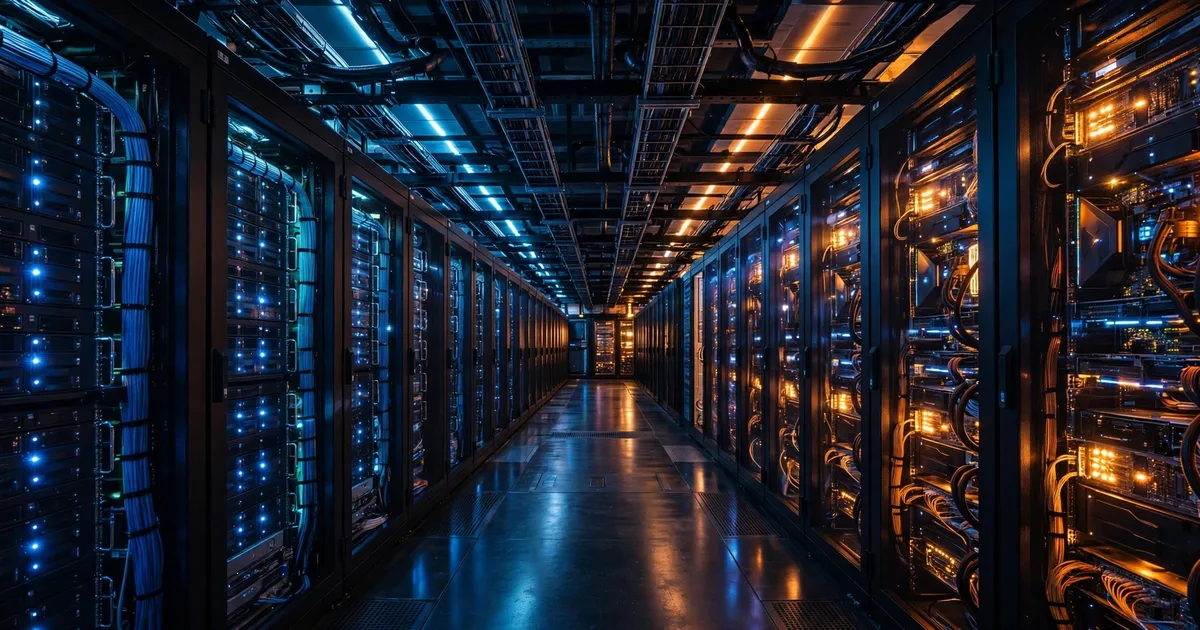 Rows of server racks with glowing status lights in a modern data center corridor