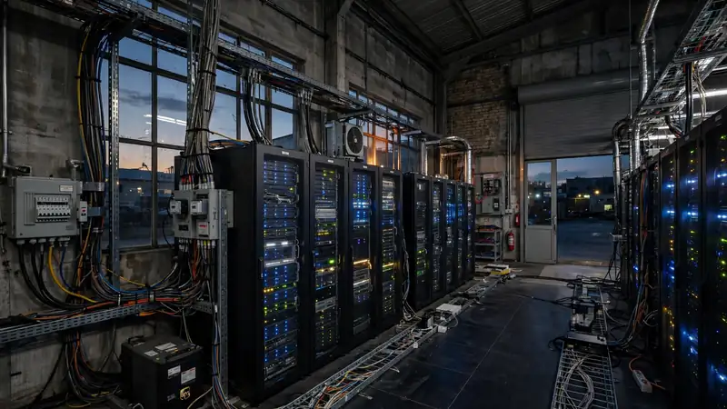 Server cabinets inside a compact industrial compute site