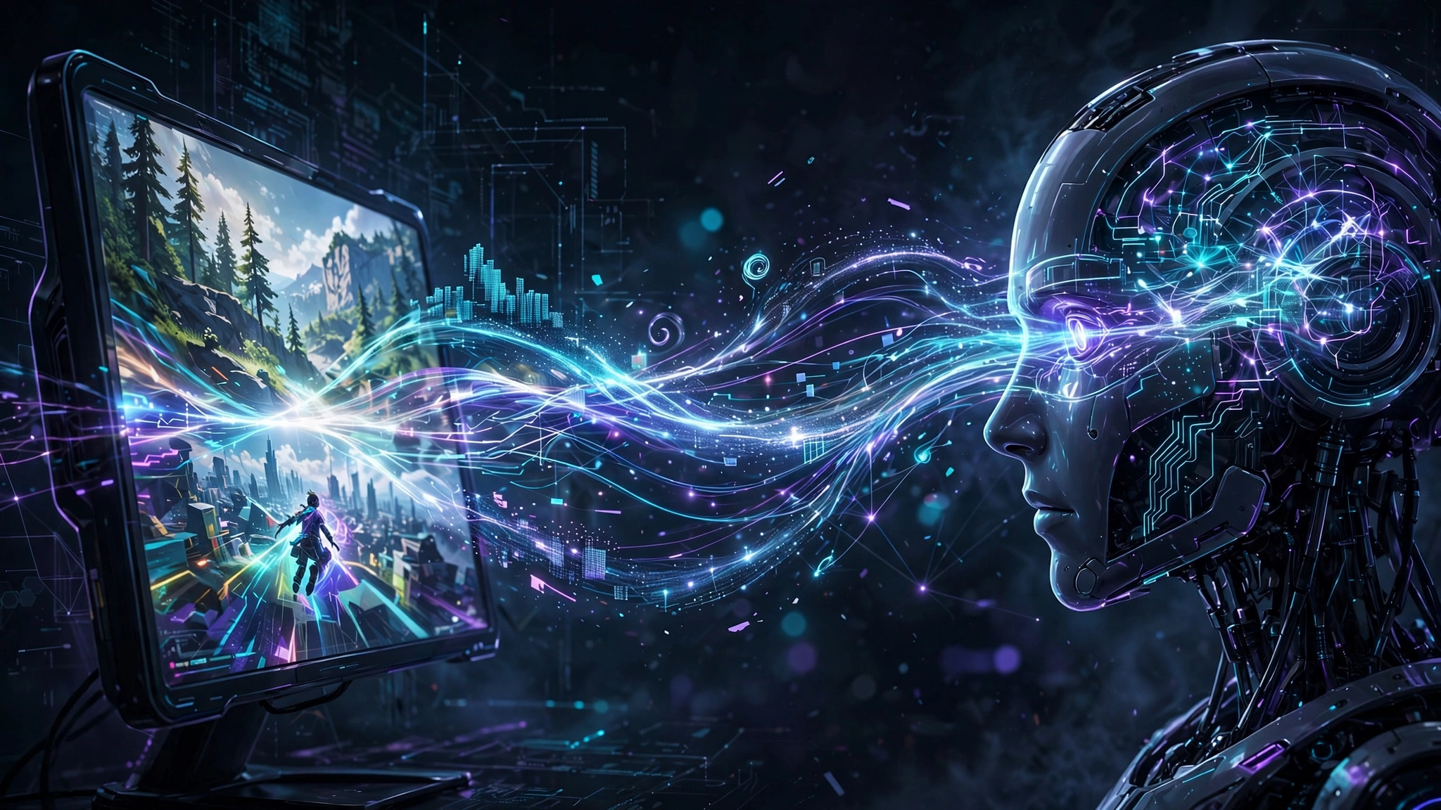 Streams of video-game footage flowing as luminous ribbons from a game screen into a robot head with a glowing neural network brain