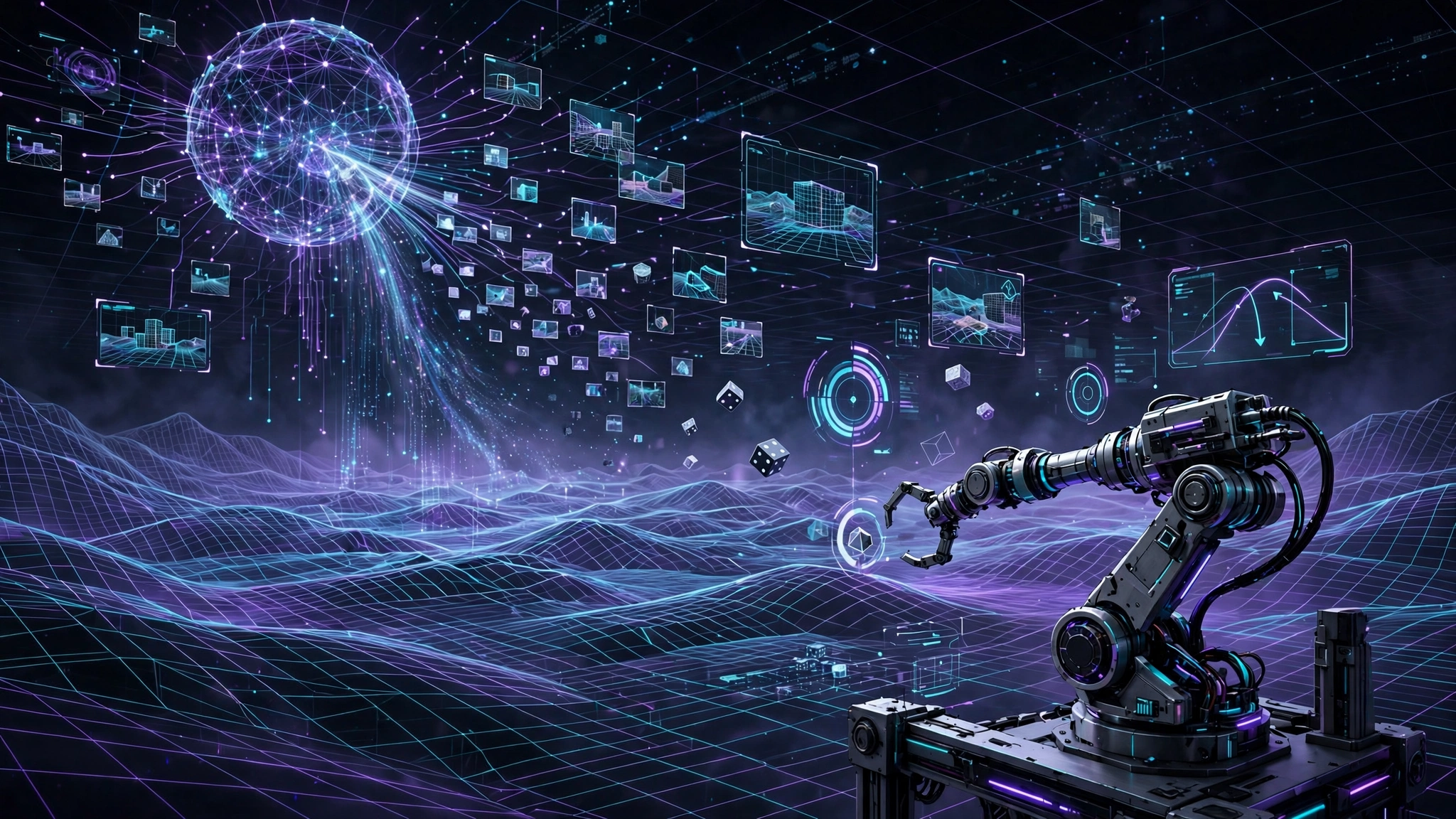 A robot arm training inside a vast game-like simulated world of wireframe grids and floating scenario windows