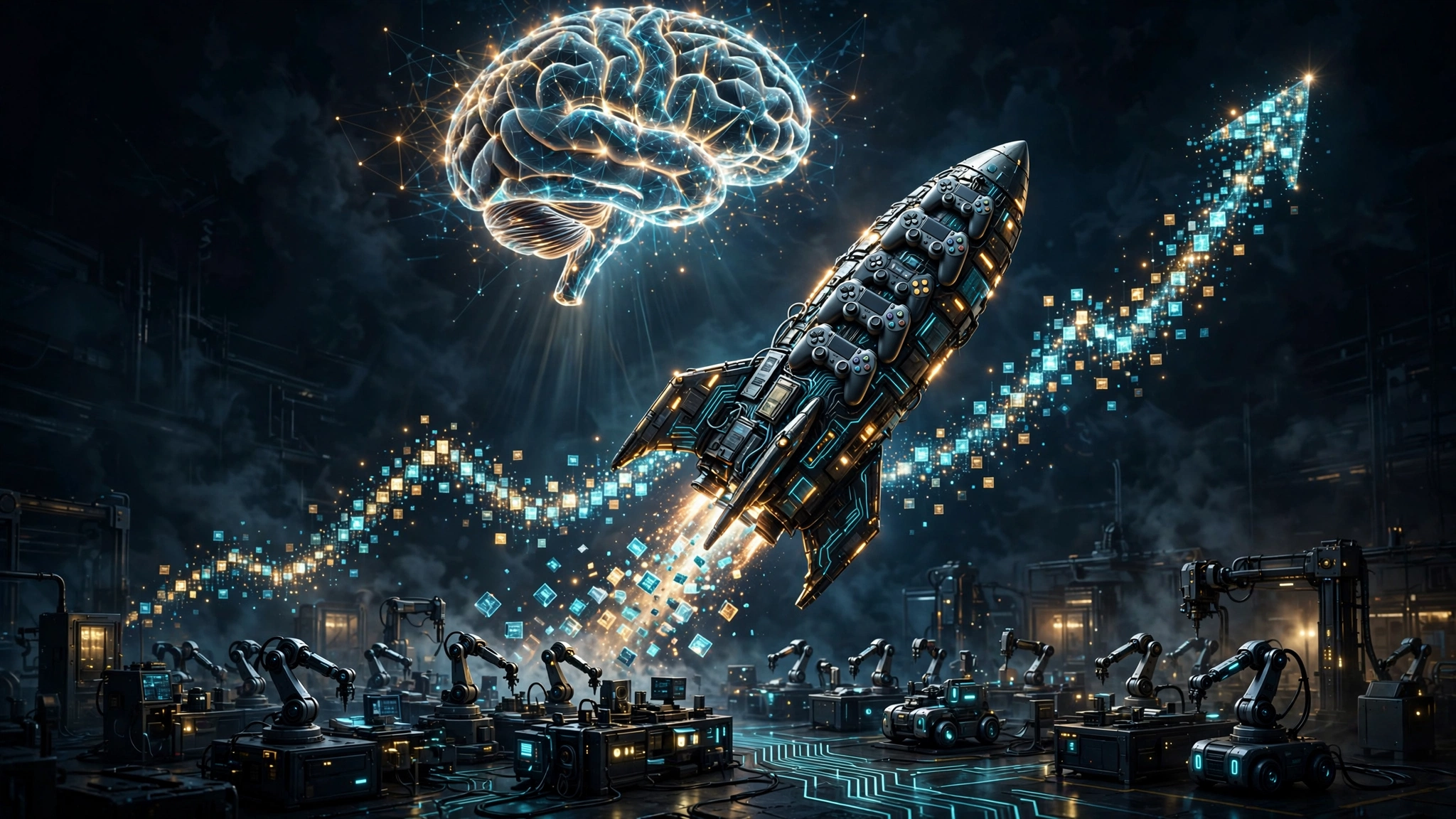 A rocket of game controller data launching toward a glowing brain-shaped neural network above a factory of robots