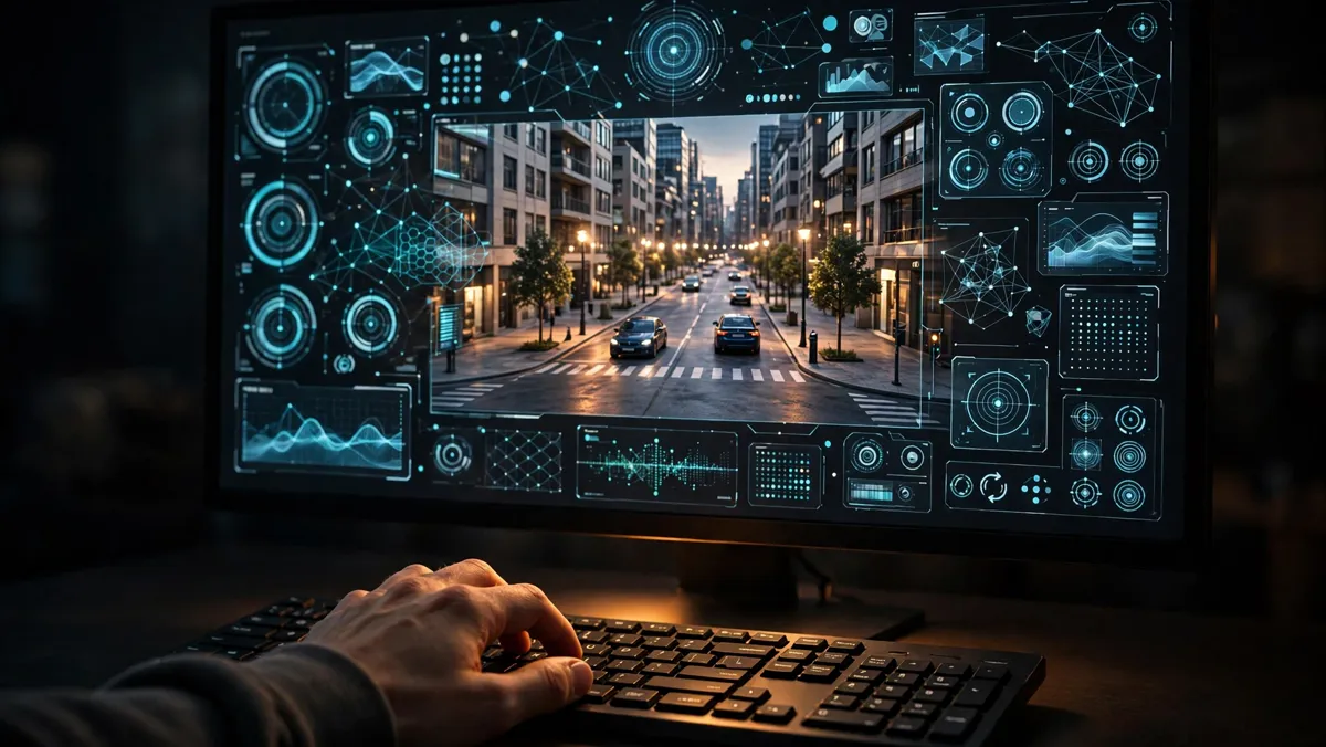 A hand on a keyboard before a monitor showing an AI city street inside a futuristic simulation interface