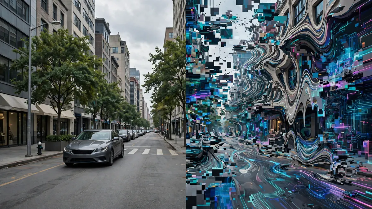 A city street split in two: one side crisp and photorealistic, the other dissolving into glitchy warped shapes