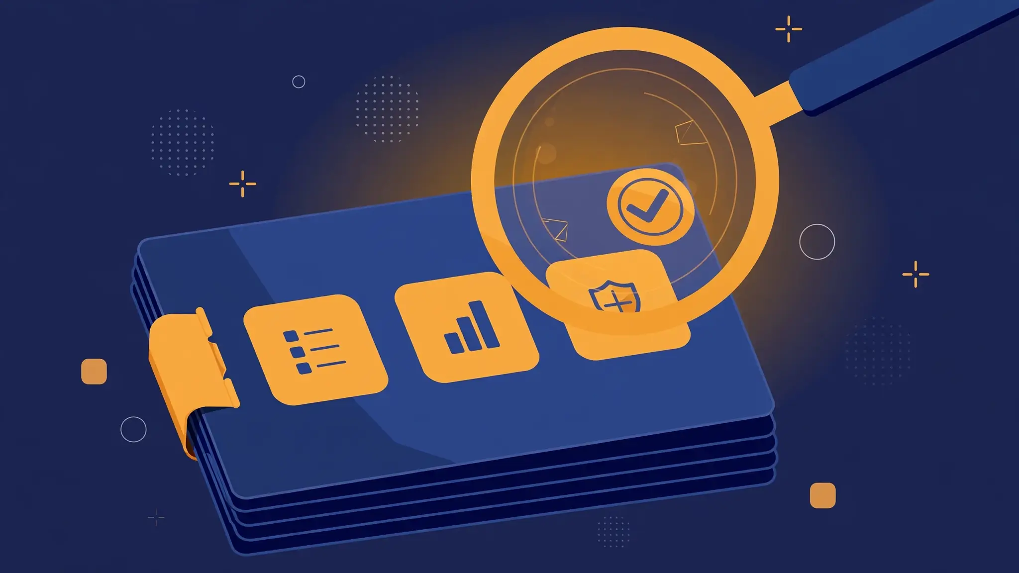 A slide deck under a magnifying lens with a check mark, the quality audit concept