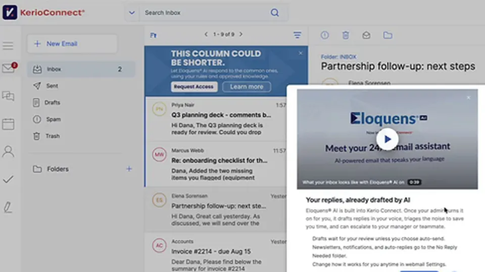 Eloquens AI drafting a reply inside KerioConnect webmail
