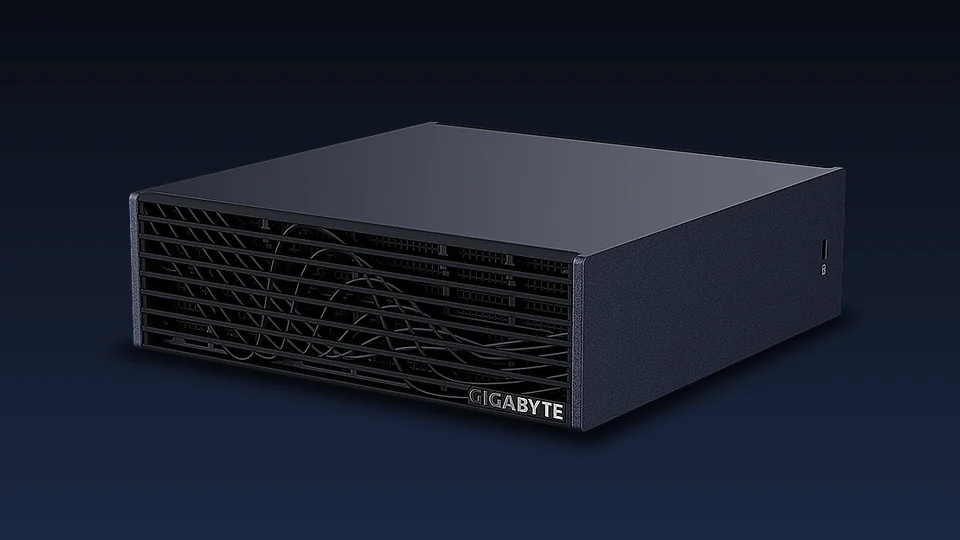 GIGABYTE AI TOP ATOM personal AI supercomputer, a compact desktop unit on NVIDIA's DGX Spark platform.