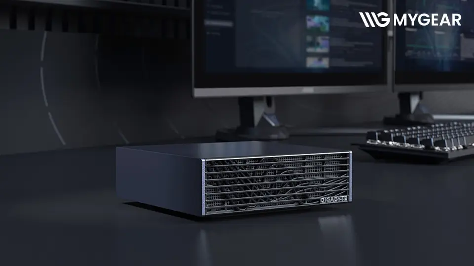 Close-up of the GIGABYTE AI TOP ATOM desktop AI computer